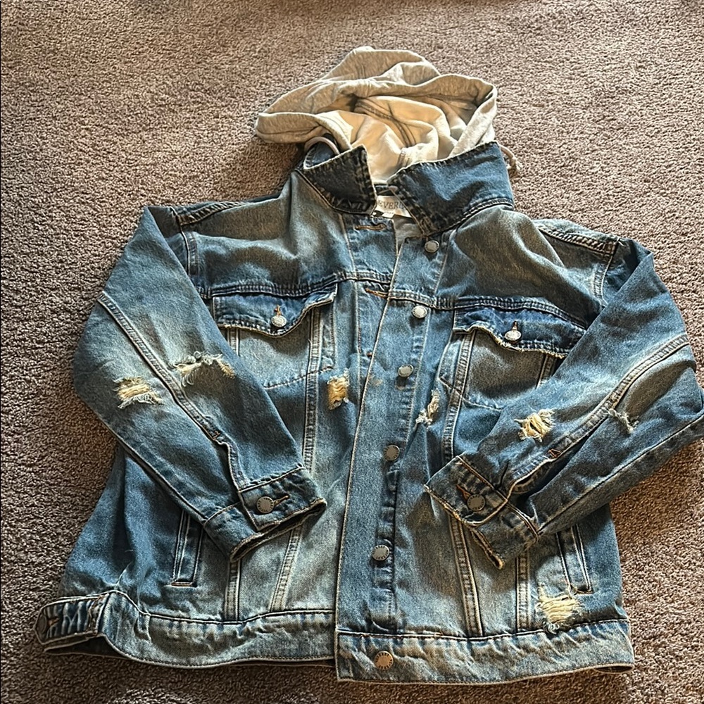 Women's Distressed Denim Jacket with Hood